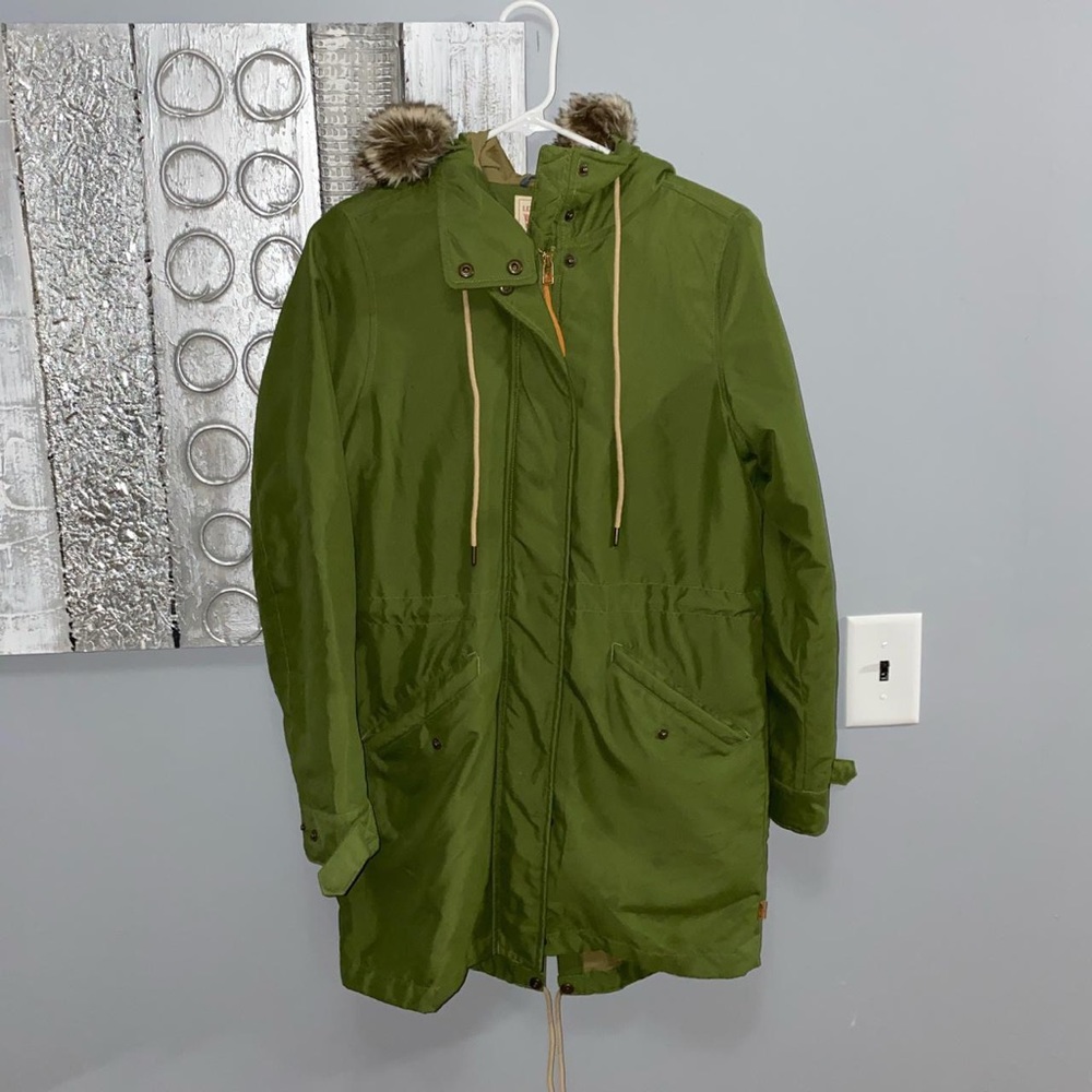 Green Levi’s parka with faux fur hood